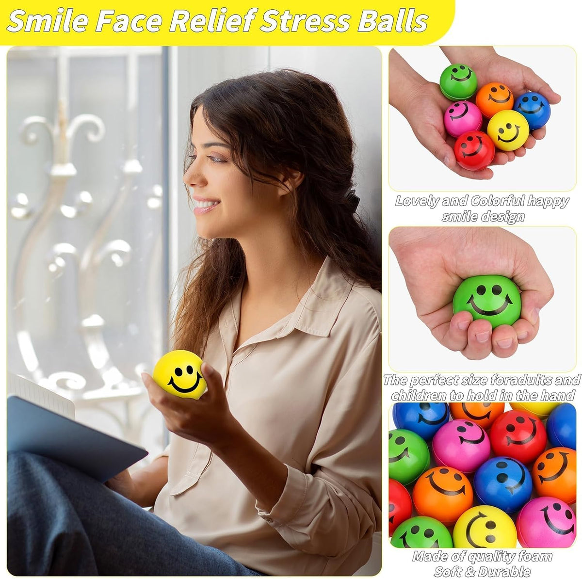 Paquete de 60 bolas de estrés con cara sonriente. Bolas antiestrés...
