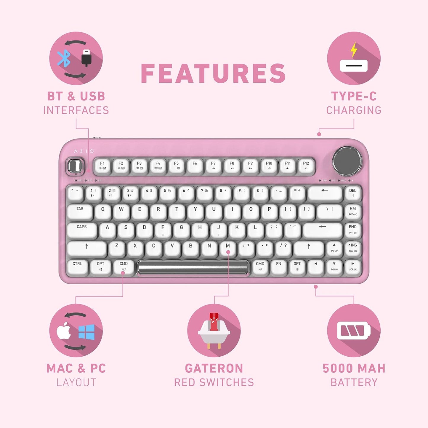 Azio IZO Teclado mecánico inalámbrico BT5\/USB para PC y Mac, inter...