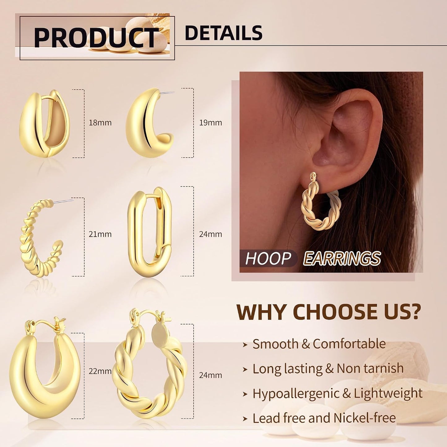 6 pares de aretes de aro chapados en oro de 14 quilates para mujer,...