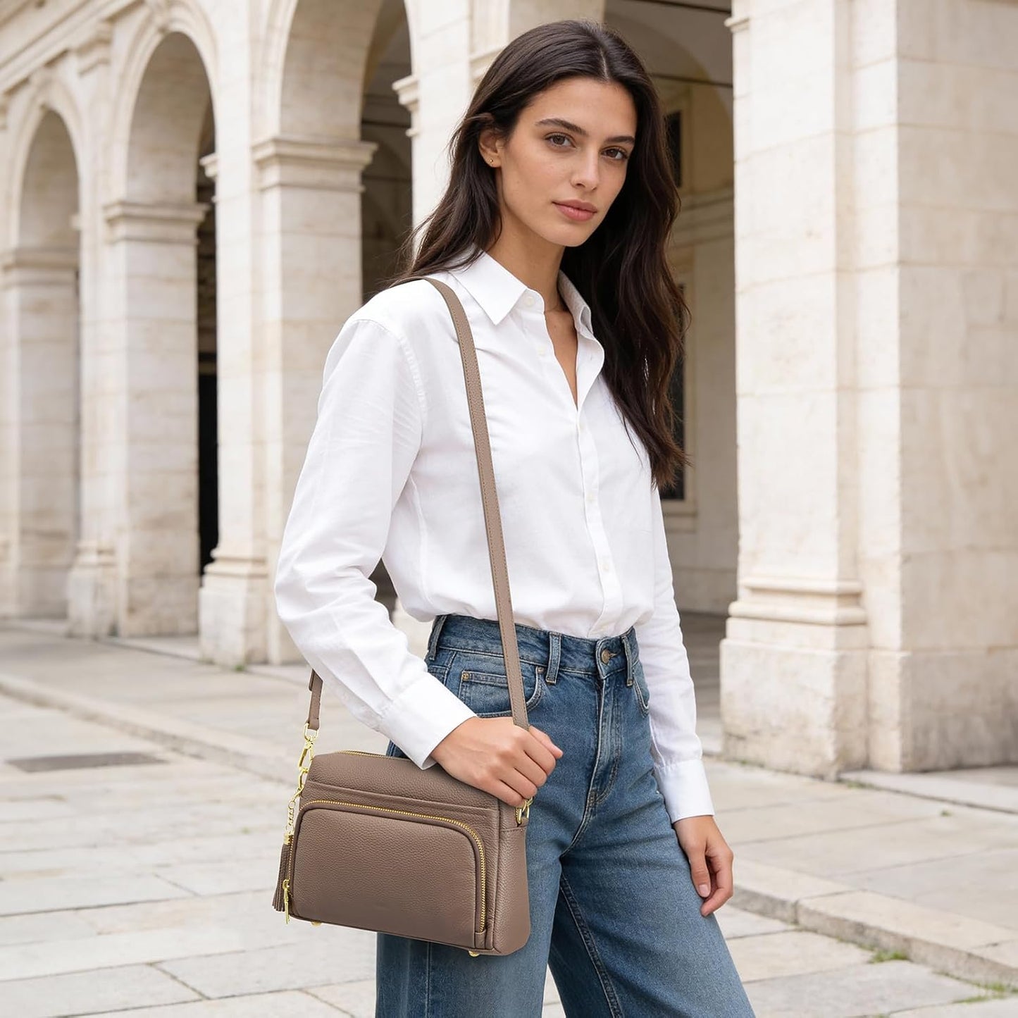 Kattee Bolso cruzado de cuero para mujer, pequeño, antirrobo, con c...