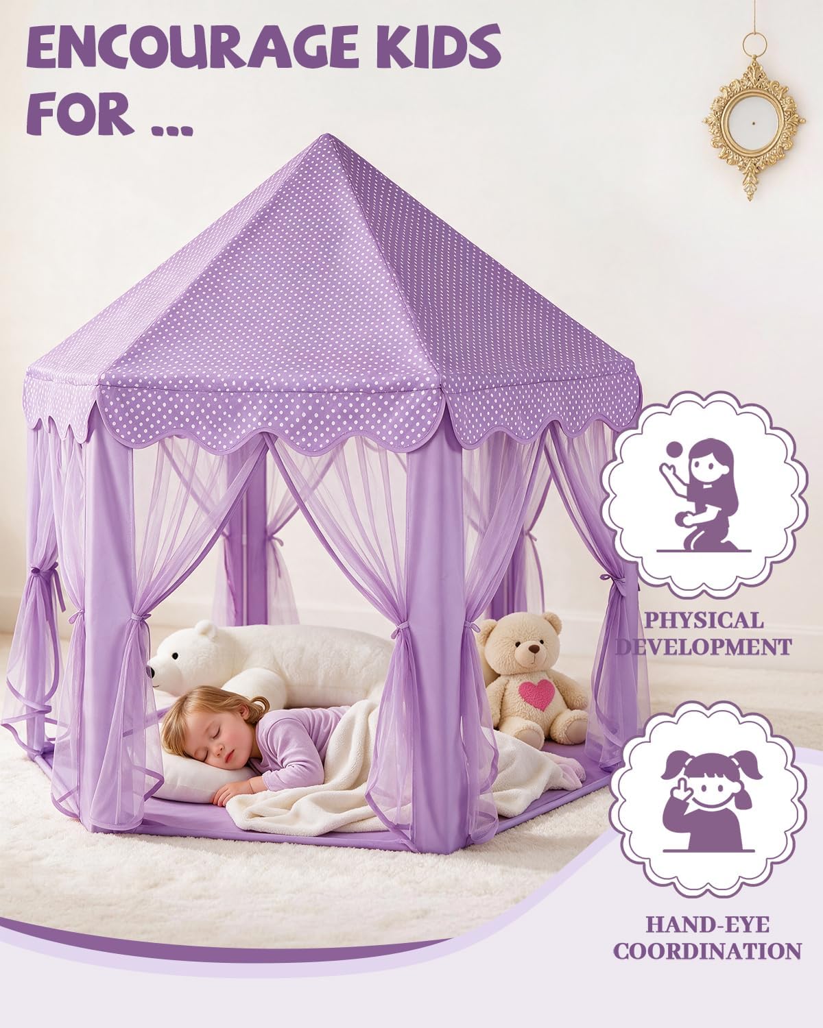 Tienda de campaña de castillo de princesa púrpura para niñas con lu...