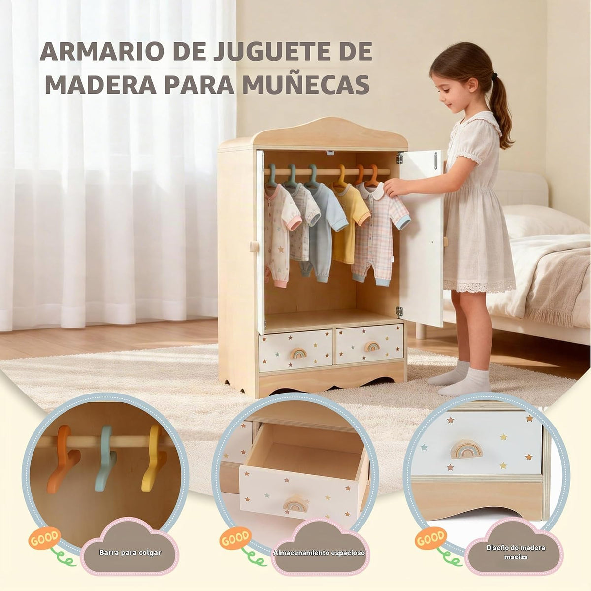Freniland Armario de madera para muñecas, armario de madera con per...
