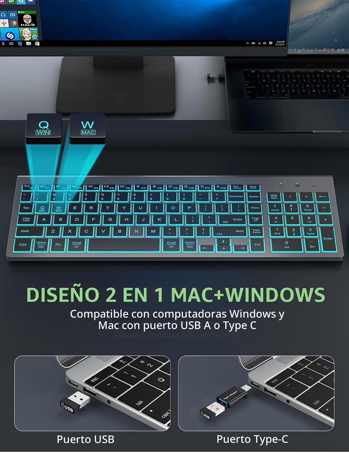 SABLUTE Combo de Teclado y Ratón Inalámbrico con Retroiluminación -...