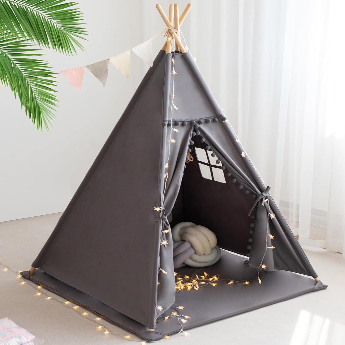 RONGFA Tienda de campaña tipi para niños con alfombra, luces de est...