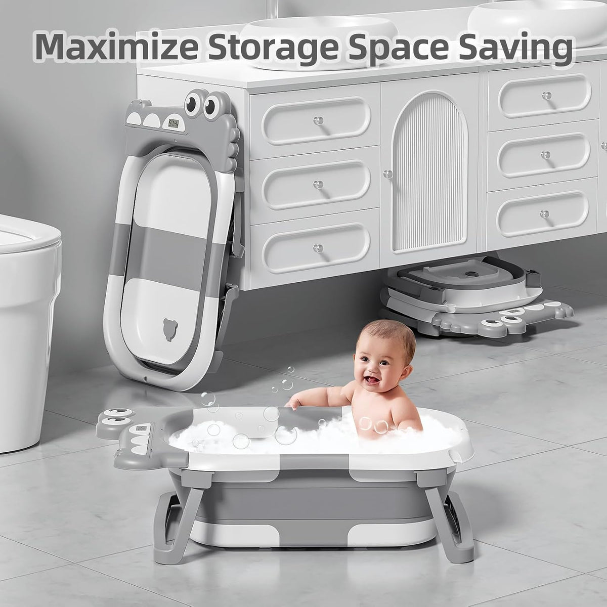 TPN - Bañera plegable para bebés con cojín suave y termómetro en ti...