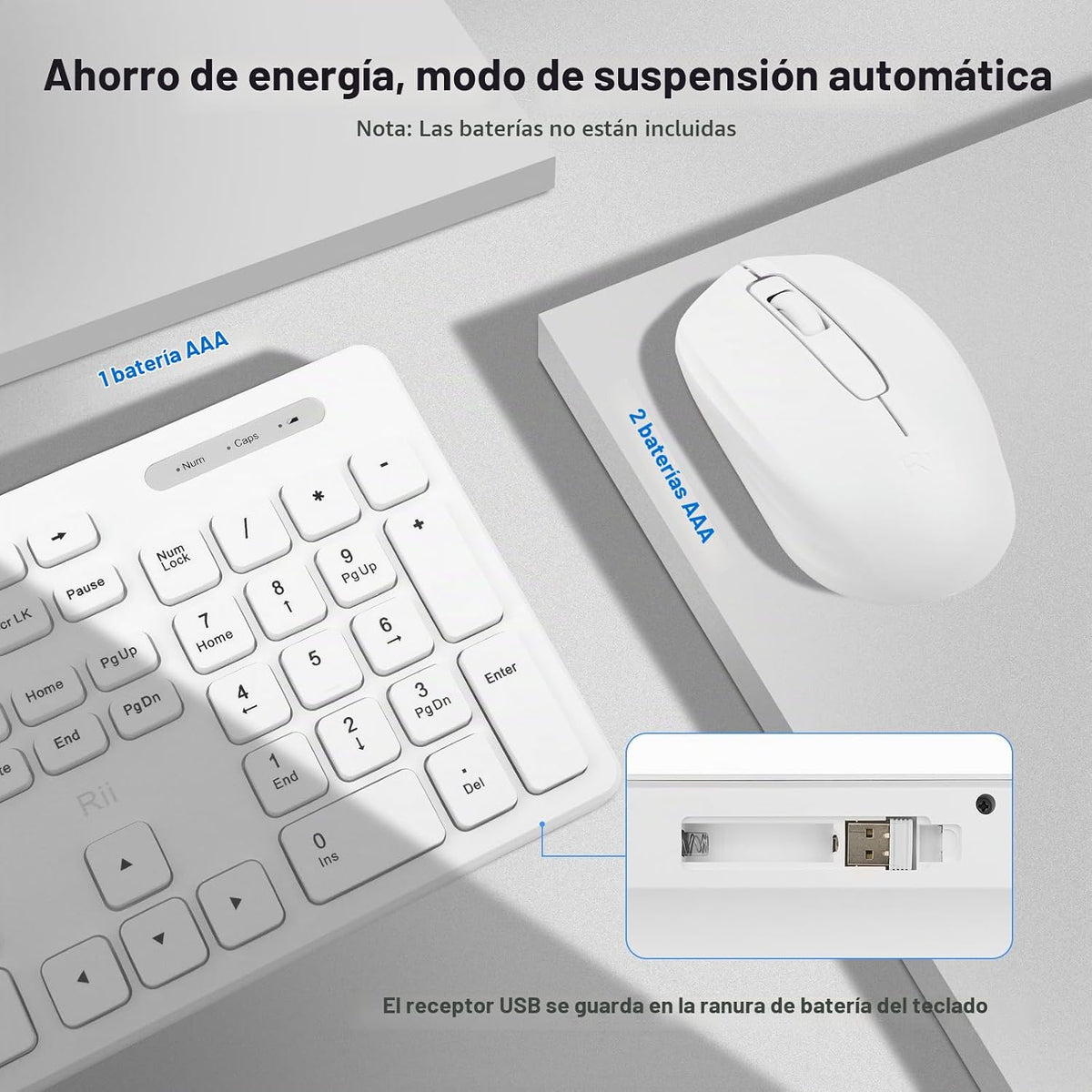 Rii Combo de teclado y mouse inalámbricos, juego de PC de oficina e...