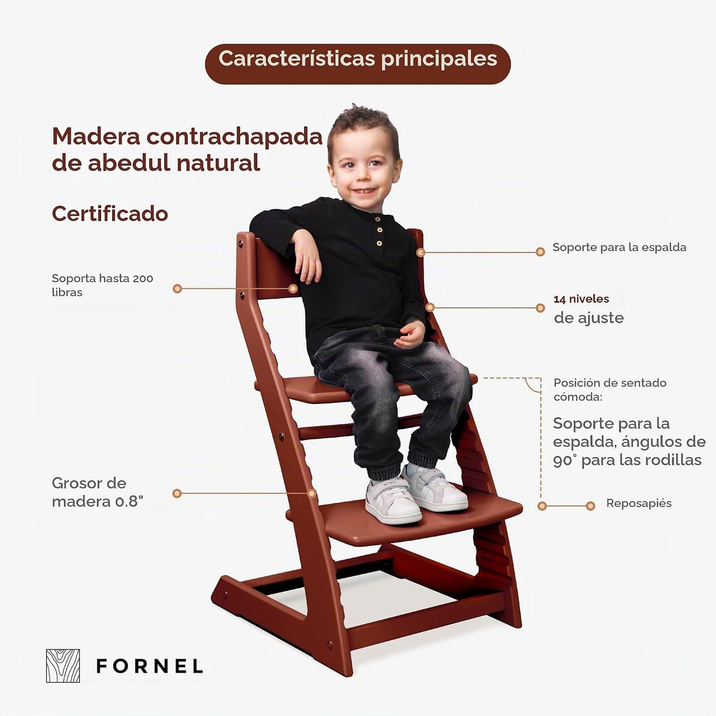 FORNEL Silla alta ajustable en acabado de nogal oscuro, la silla Fo...