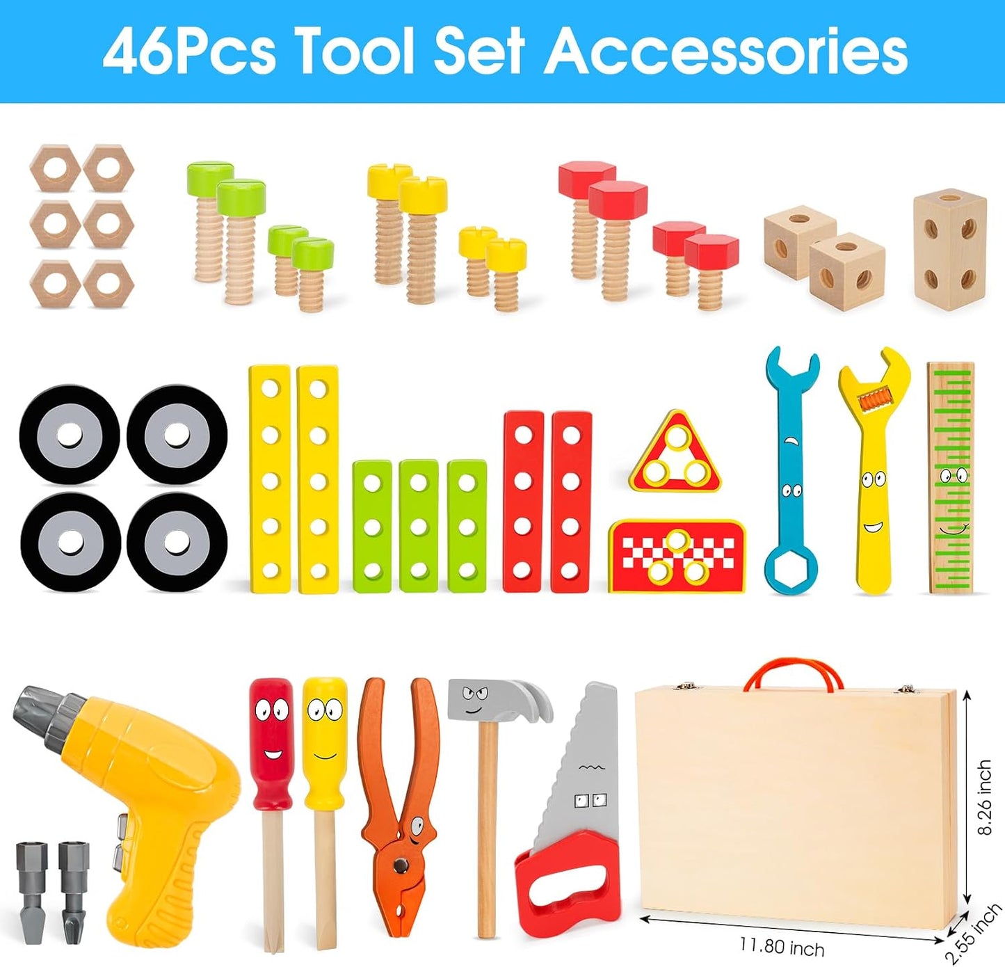 Set de herramientas para niños con taladro eléctrico, set de 46 pie...