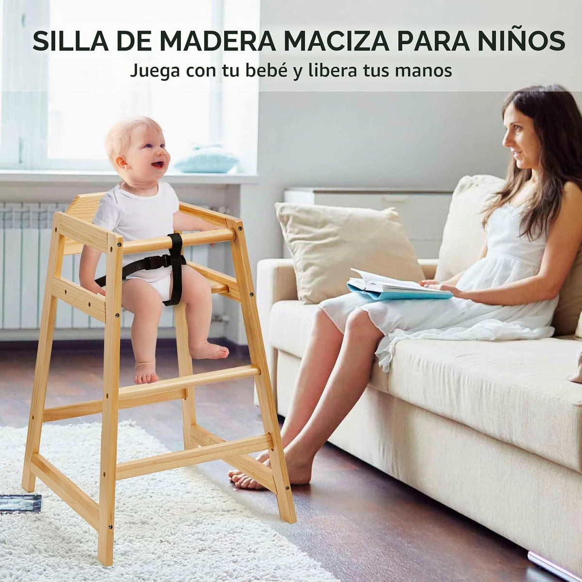 Neoflavie Silla alta de madera para bebés y niños pequeños, natural...