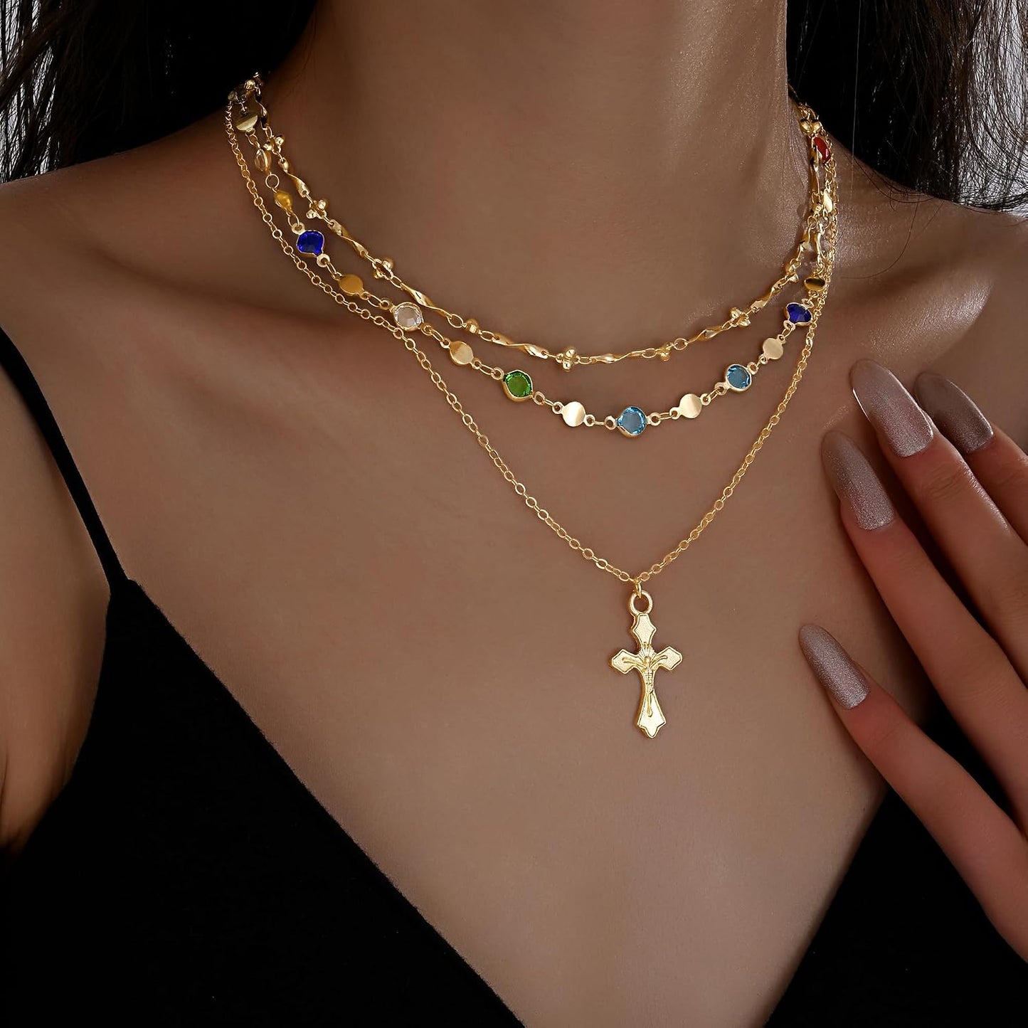 4 piezas de collares de cruz dorados en capas para mujer, modernos,...