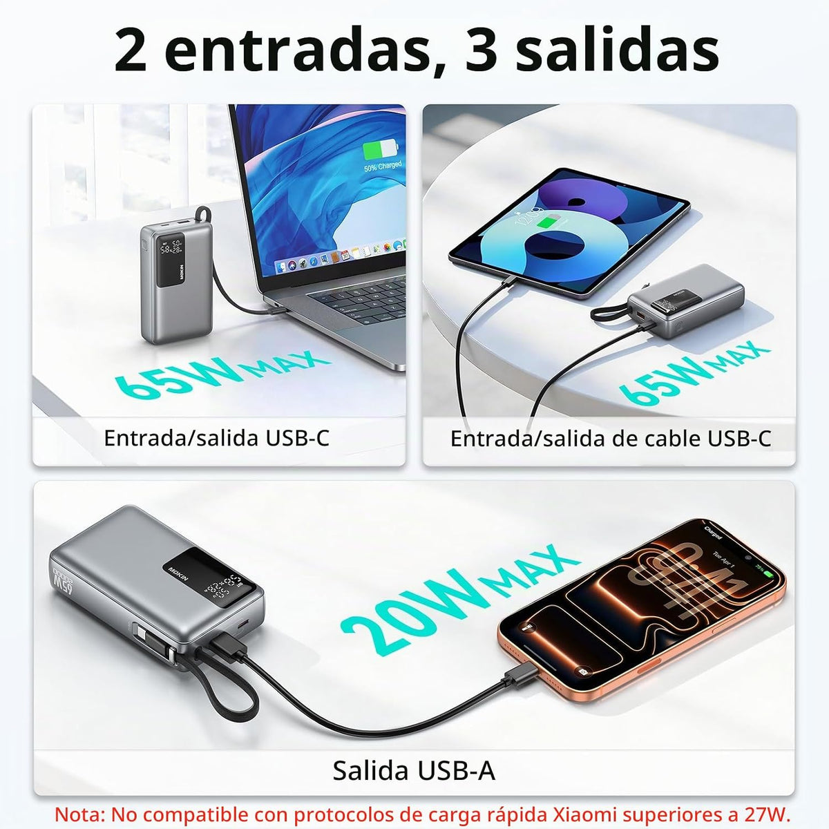 MOKiN Cargador portátil de 65 W, banco de energía de carga rápida d...