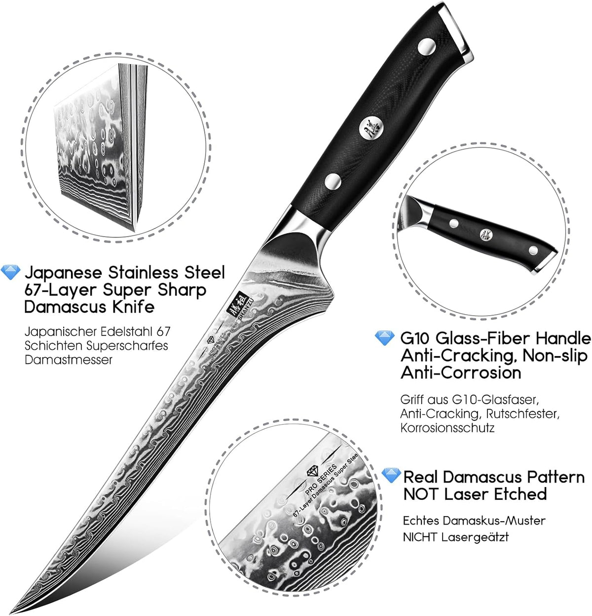 Cuchillo de filetear SHAN ZU de 7 pulgadas, cuchillo japonés de Dam...