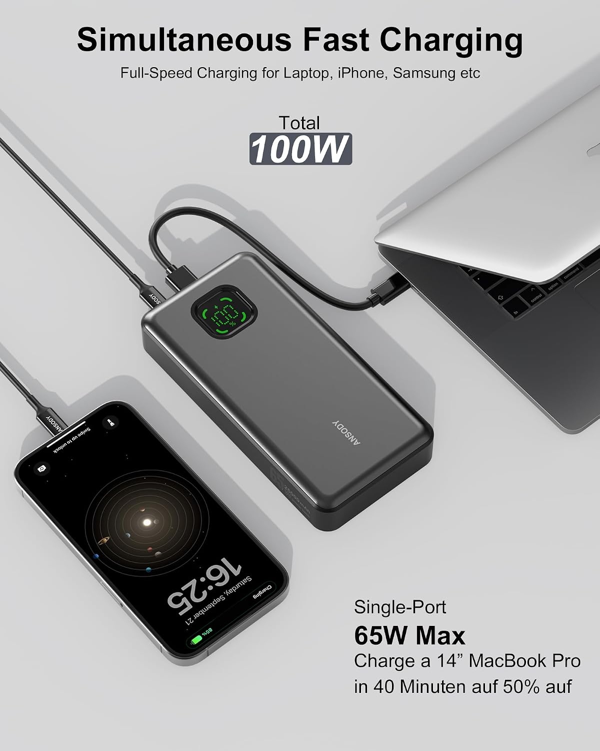 Banco de energía de 65W, cargador portátil USB C para laptop de 250...