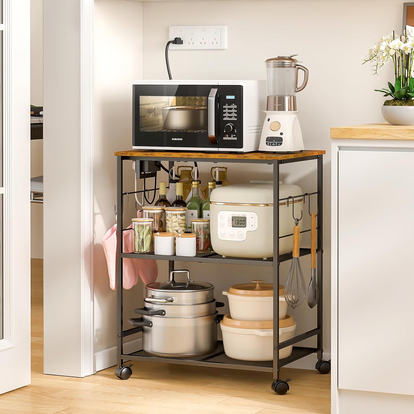 ThreeHio Carrito de Cocina Rodante para Microondas con Toma de Corr...