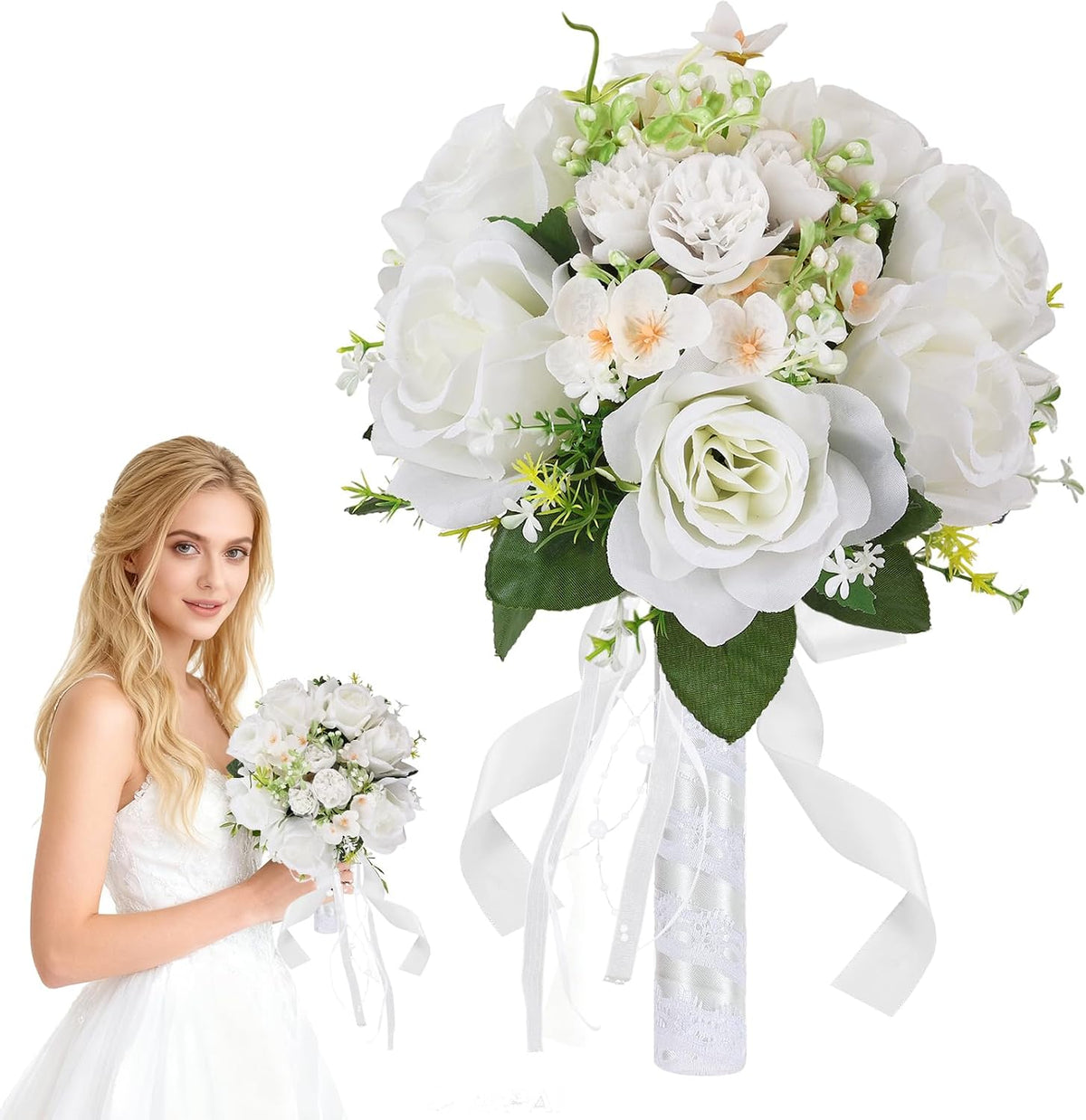 Qeedy Ramo de boda para novia, rosas artificiales de seda de 8 pulg...