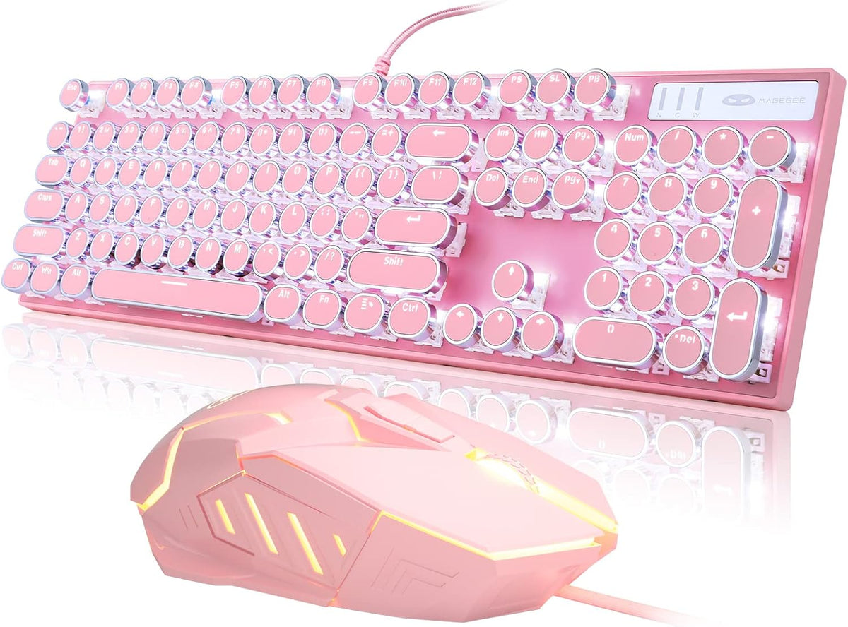 Combo de teclado y mouse estilo máquina de escribir rosa retro, bon...