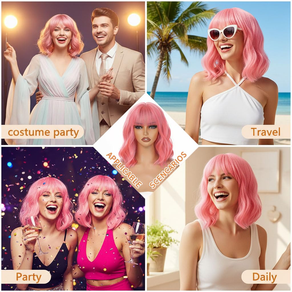 AGO Pelucas de cabello corto ondulado color rosa, peluca estilo Bob...