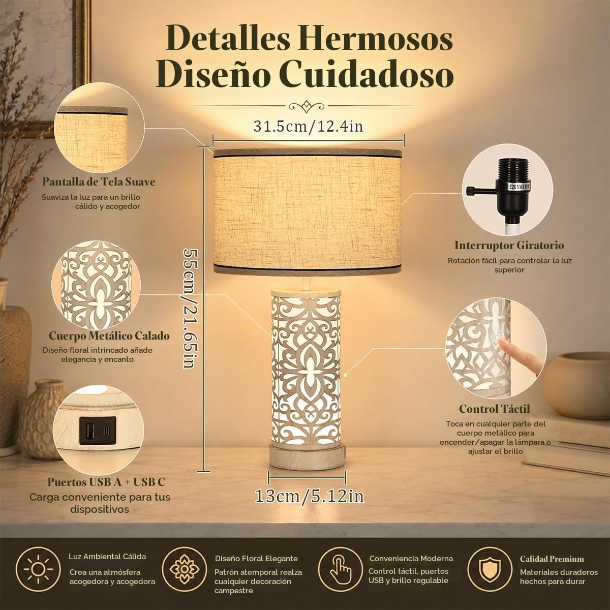 seng pailed Juego de 2 lámparas de mesa regulables con puerto USB C...
