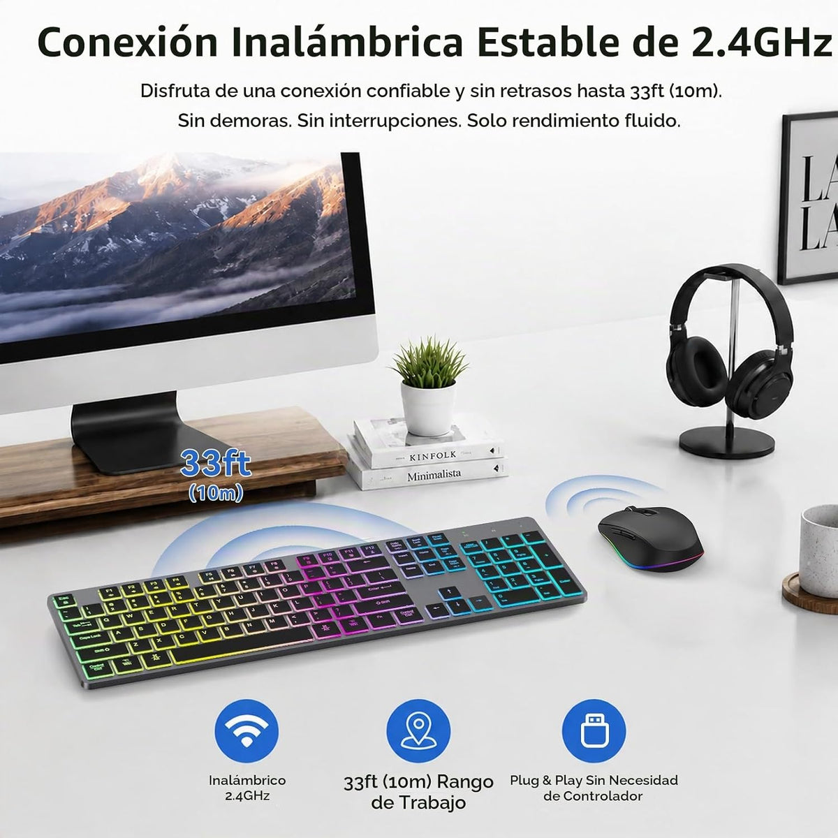 Teclado inalámbrico silencioso y mouse retroiluminado, combo de tec...