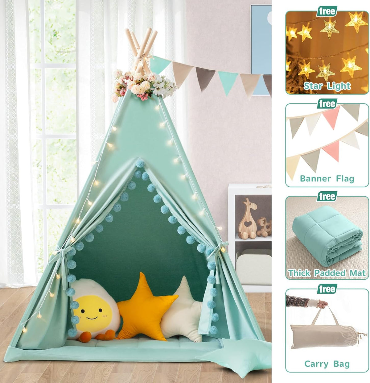 Tienda de campaña tipi para niños con alfombrilla acolchada, lona d...