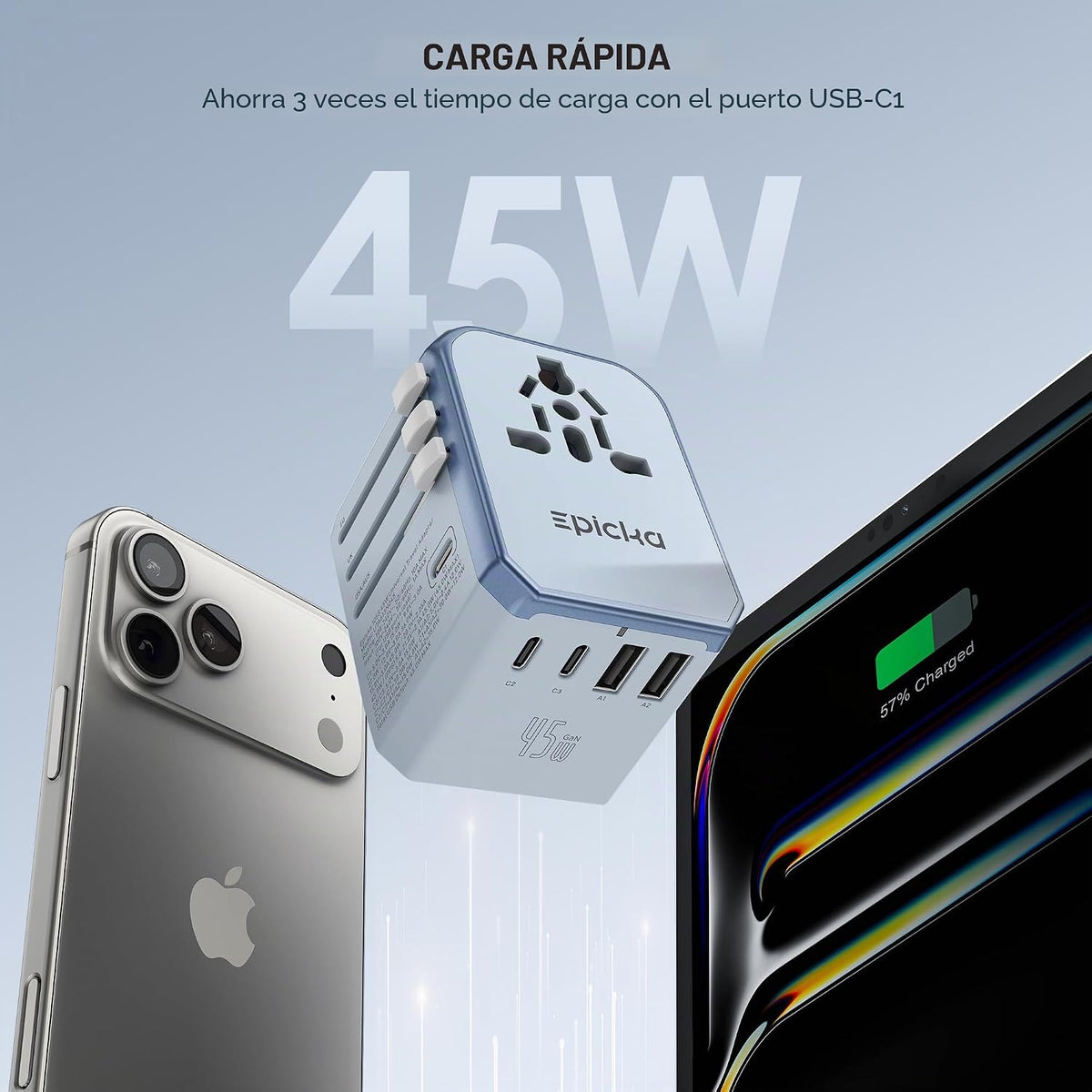 EPICKA Adaptador de viaje universal de 45 W PD&amp;QC, 1AC\/3USB-C\...