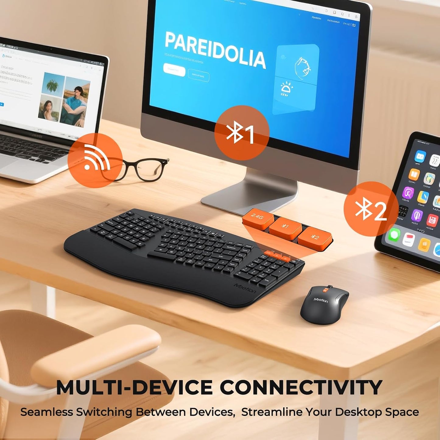 MEETION Combo ergonómico de teclado y mouse divididos, Bluetooth in...