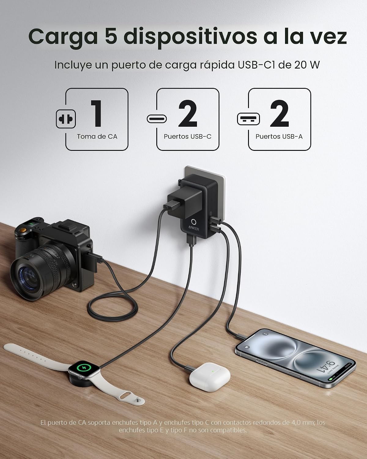 Anker Adaptador de Viaje Nano, Adaptador de Corriente de 5 Puertos...