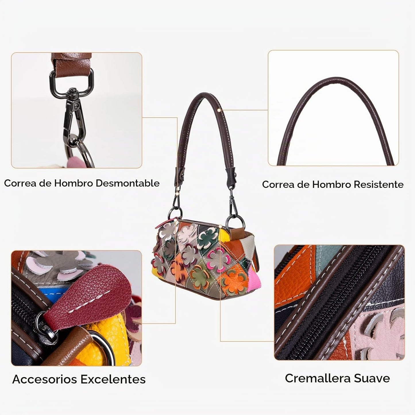 frrbuu - Bolso cruzado pequeño de piel auténtica con flores tallada...