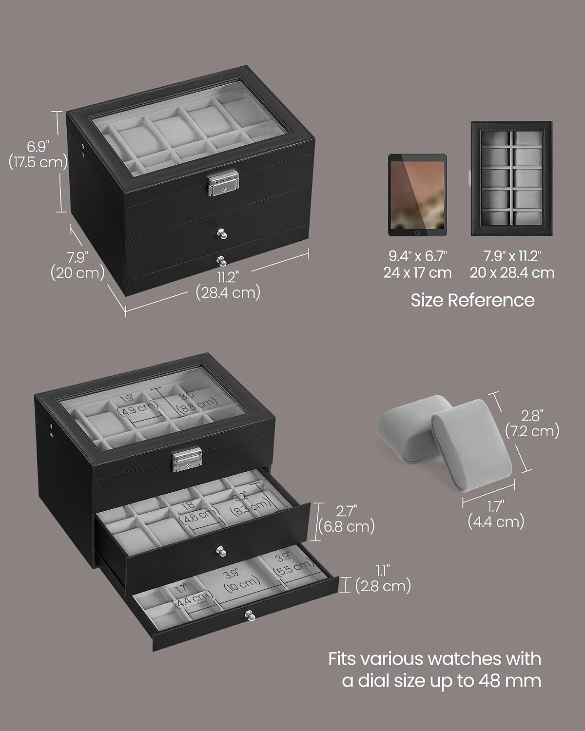 SONGMICS Caja de reloj, organizador de 20 ranuras para reloj con ta...