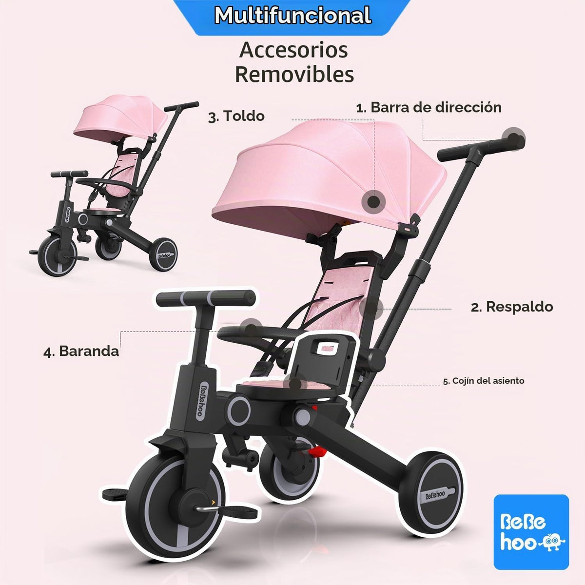 Bebehoo Cochecito de triciclo para niños pequeños, triciclo plegabl...