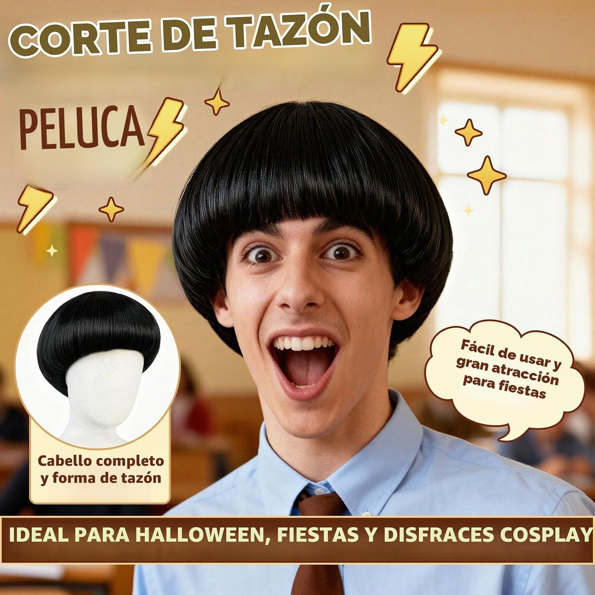 JoneTing Peluca Negra de Setas【+Gorra de Pelo】 Pelucas de corte en...