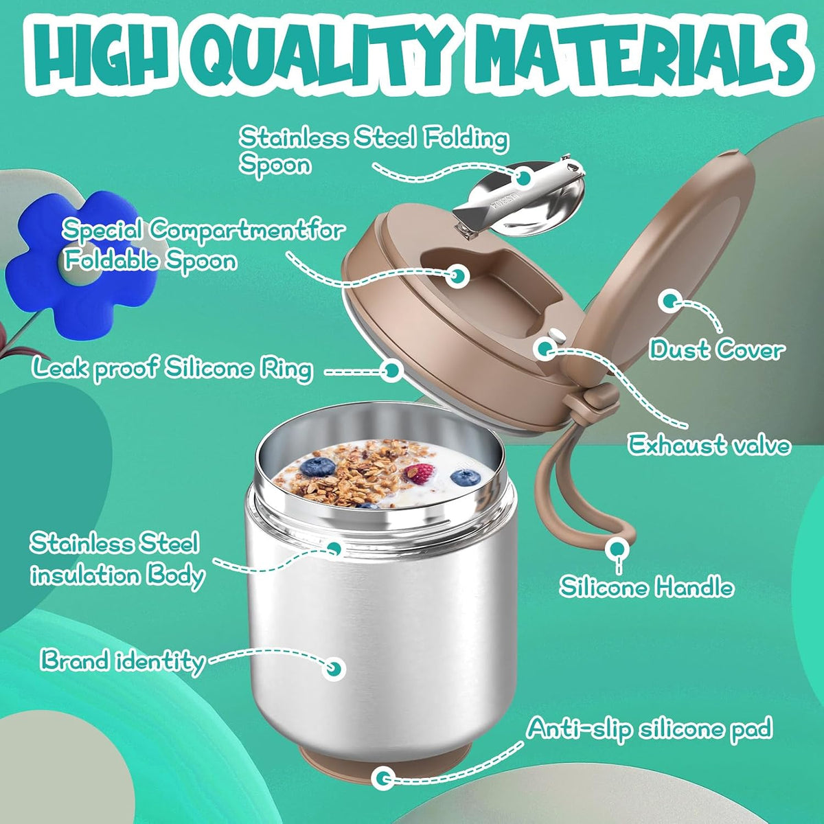 Termo para niños de comida caliente - 15.2oz con cuchara plegable y...