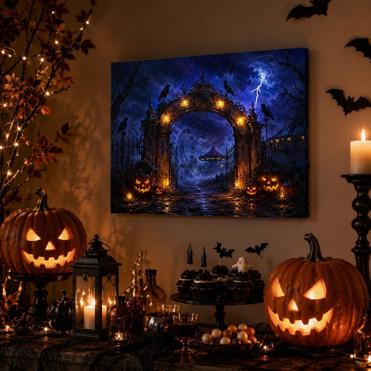 Artiluxy Lienzo decorativo LED de Halloween, parque de atracciones...