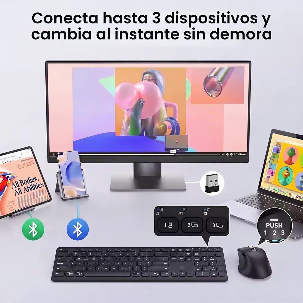 Combinación de teclado y mouse inalámbricos, multidispositivo, sile...
