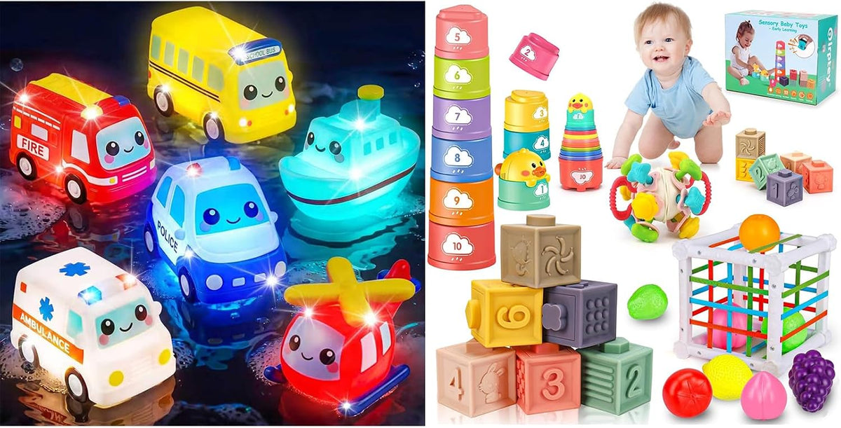 Qirptey Juego de juguetes de baño para bebés iluminados y juguetes...