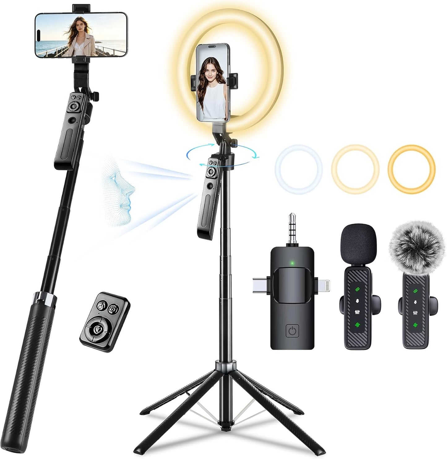Kit de vlogging con 2 micrófonos y anillo de luz de 10 pulgadas, tr...