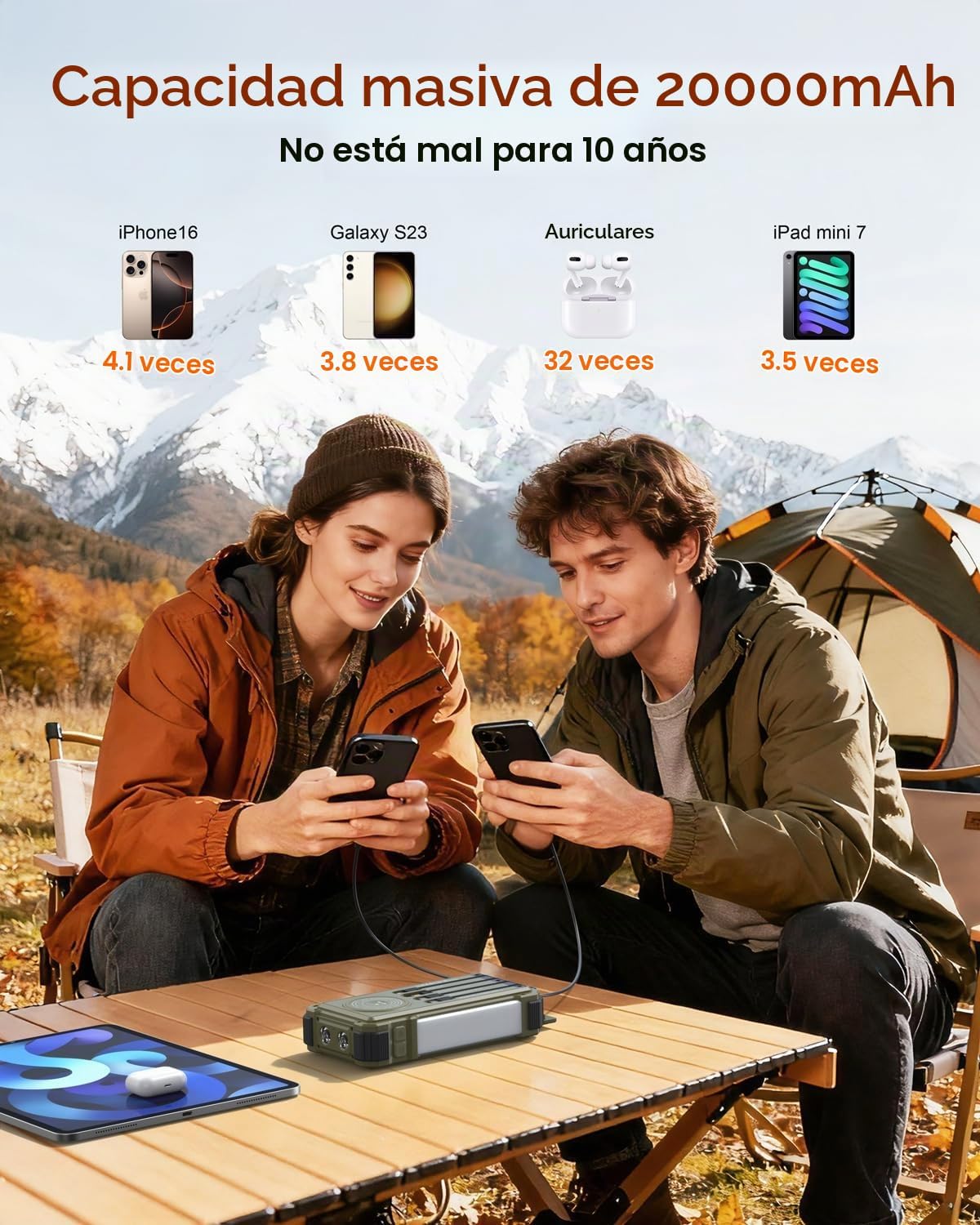 BLAVOR Banco de energía solar con manivela y 4 cables, cargador por...