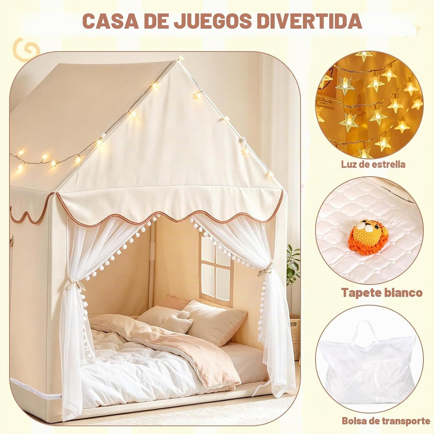 Tienda de juegos grande para niños con tapete y luces de estrellas,...
