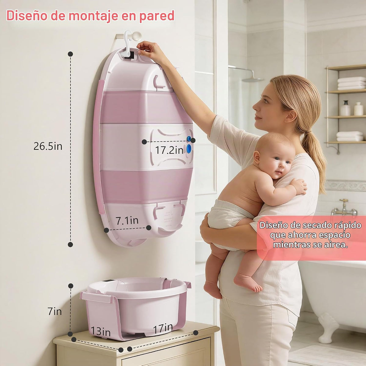 Bañera plegable para bebé, bañera grande para bebé con termómetro,...