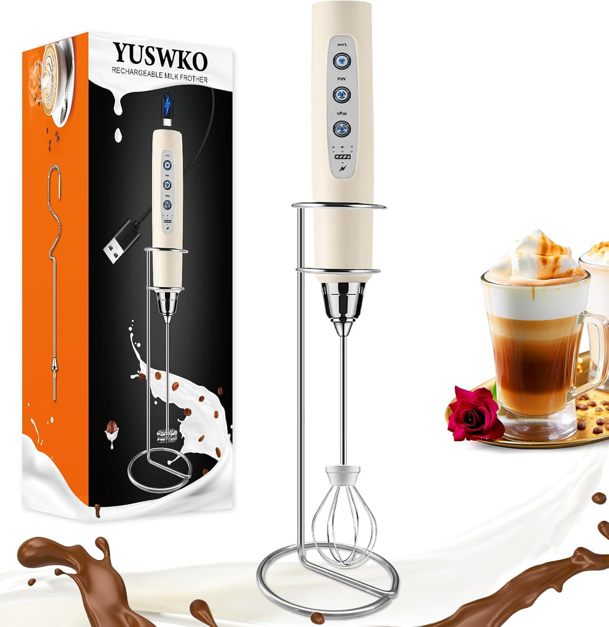 YUSWKO Varita espumadora de leche de mano beige con soporte para ca...