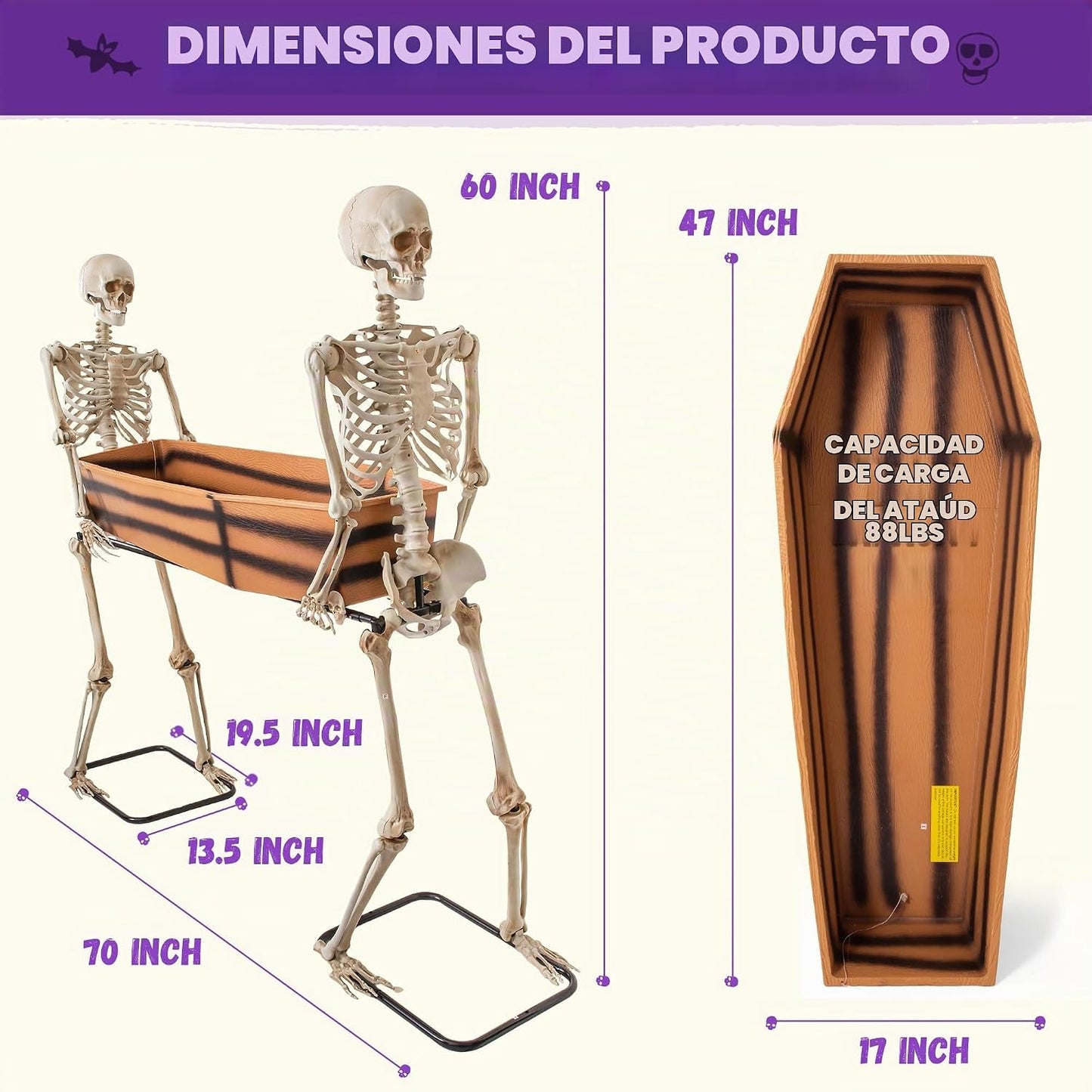 Dos esqueletos que transportan decoraciones de Halloween abiertas,...