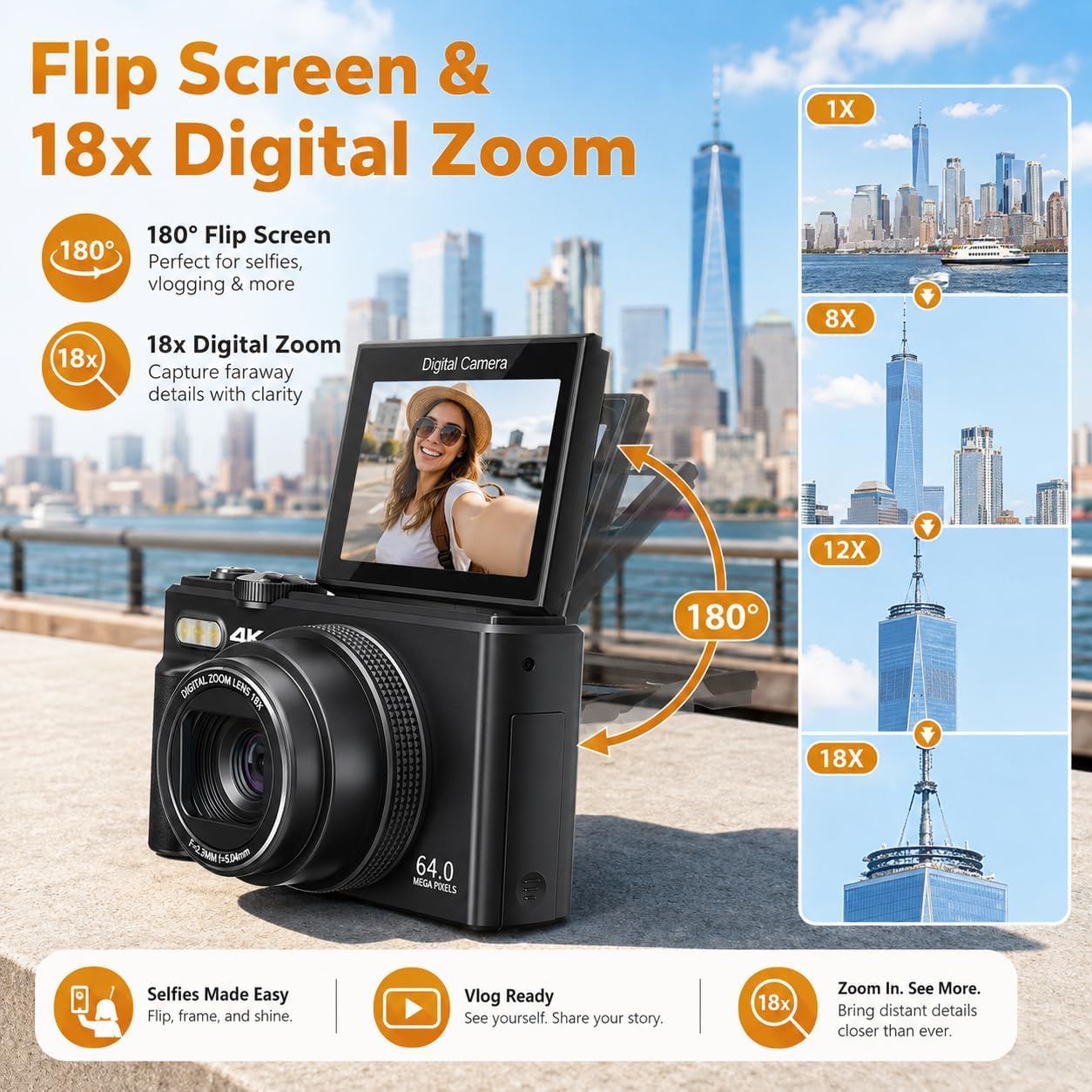 Cámaras 4K para fotografía, cámara de vlogging digital de 64MP para...