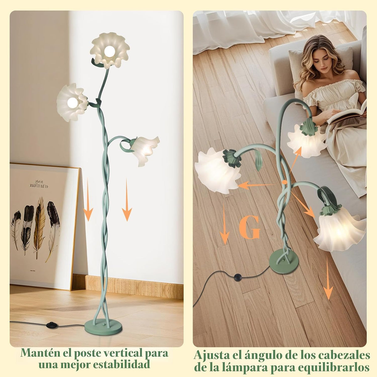 Lámpara de pie de flor para dormitorio, bonita lámpara de pie de es...