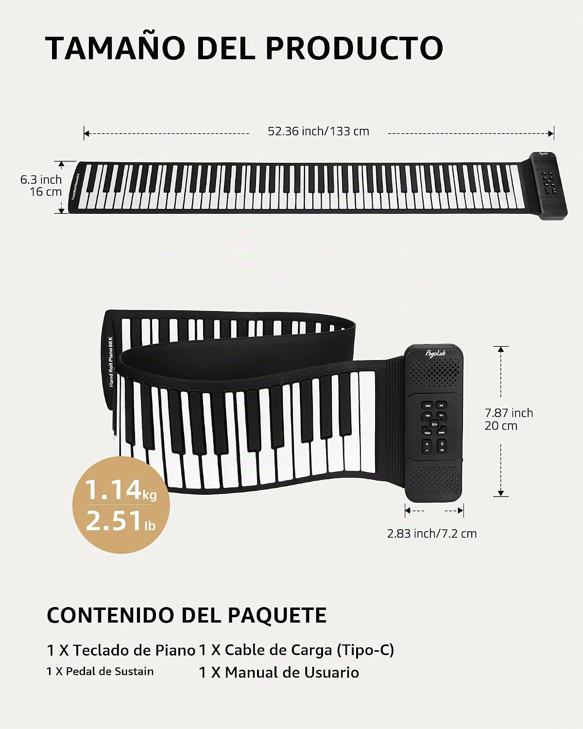 POGOLAB Piano de Teclado Enrollable de 88 Teclas, Piano Eléctrico P...