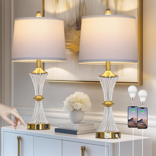 Rinweey Juego de 2 lámparas de mesa de cristal con puertos USB C+A...