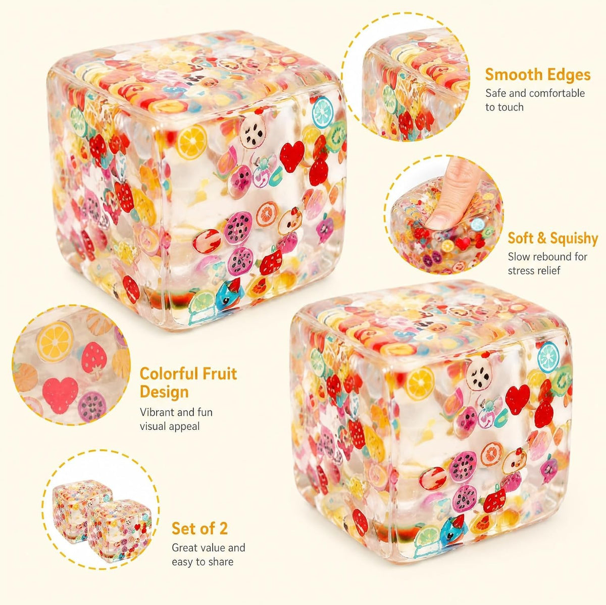 NKMJOK 2 cubos de estrés, decoraciones de cubos de frutas, herramie...