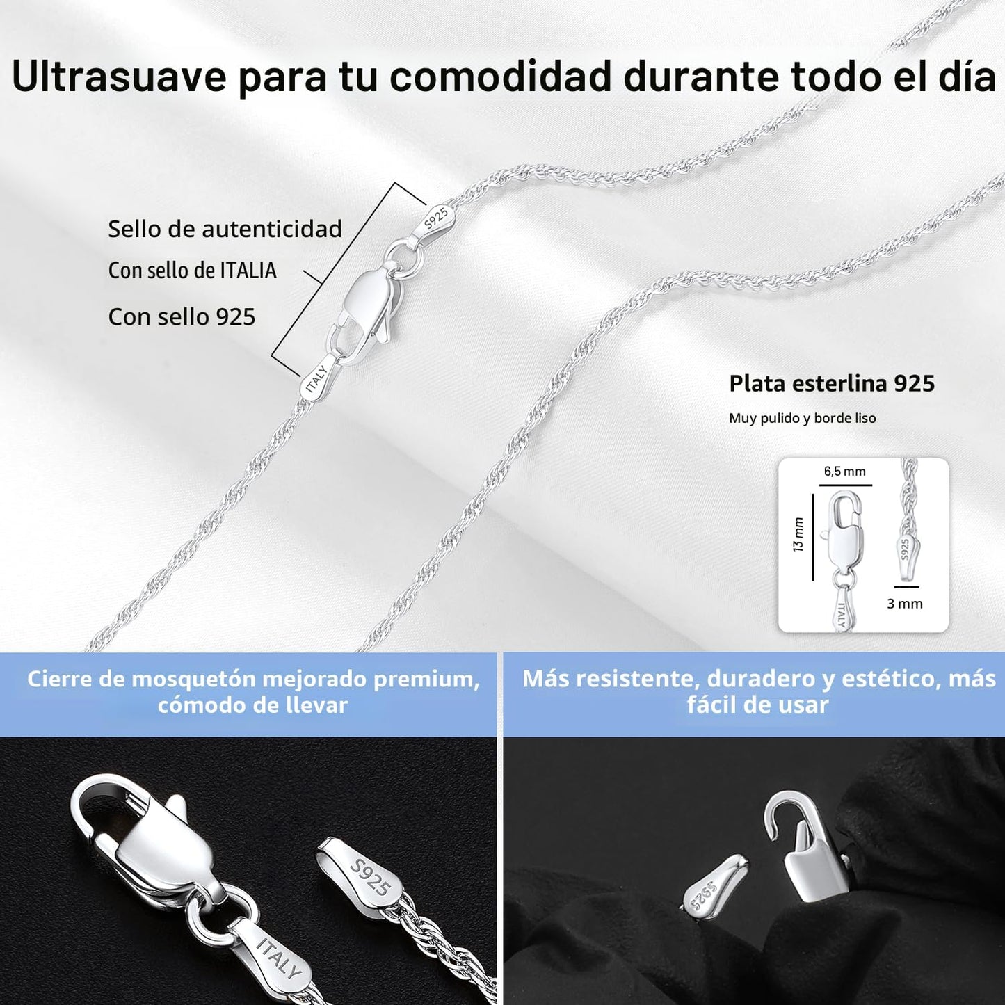 Girluky Cadena de cuerda de 0.079 in de plata de ley 925 para mujer...