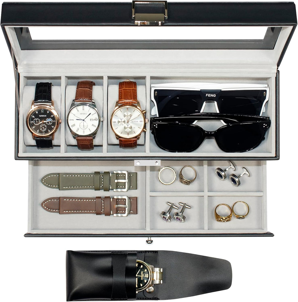 GLOBAL KA - Caja de reloj y gafas de sol, 3 ranuras, tapa de crista...