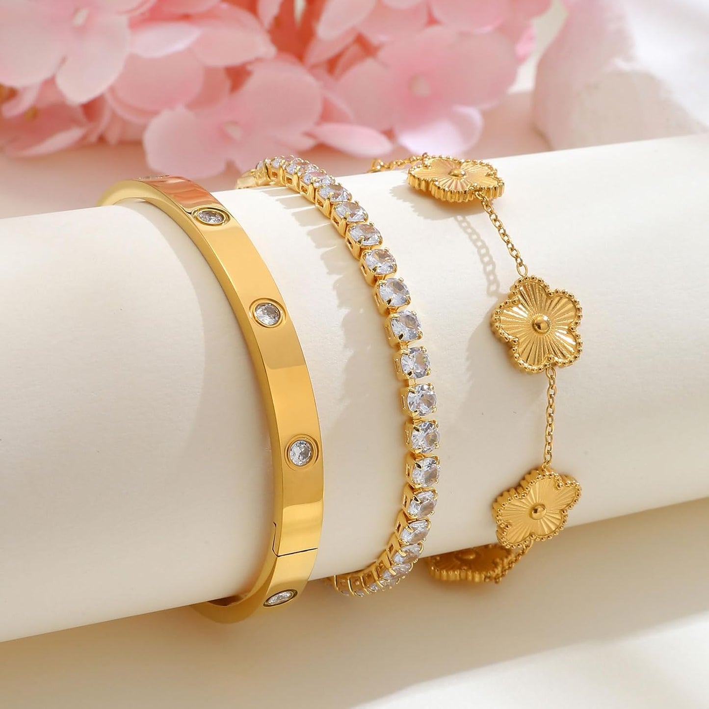 Pulseras florales apilables para mujer en oro - Juego de 3 pulseras...