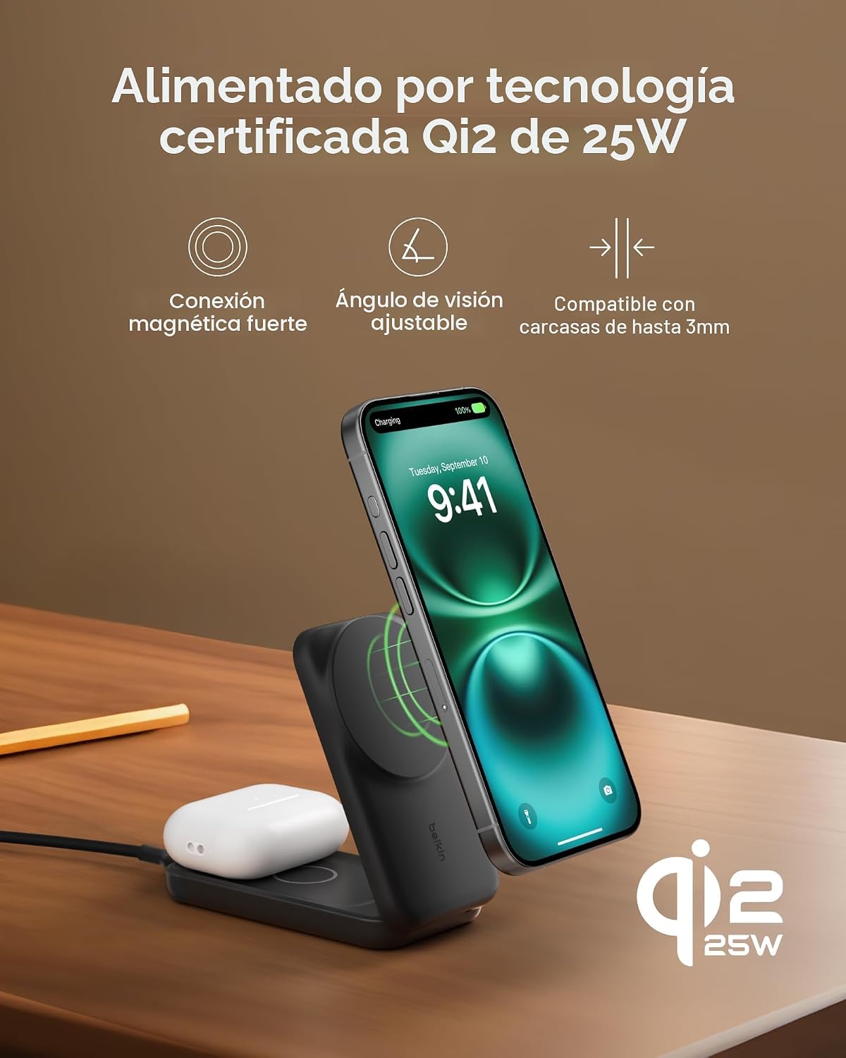 Belkin - Cargador MagSafe compatible, estación de carga 2 en 1, sop...